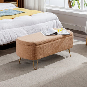 English Elm Grey Faux Fur Storage Bench with Gold Legs Plush Upholstered Seat for Bedroom Camel W117082031