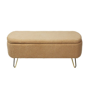 English Elm Grey Faux Fur Storage Bench with Gold Legs Plush Upholstered Seat for Bedroom Camel W117082031