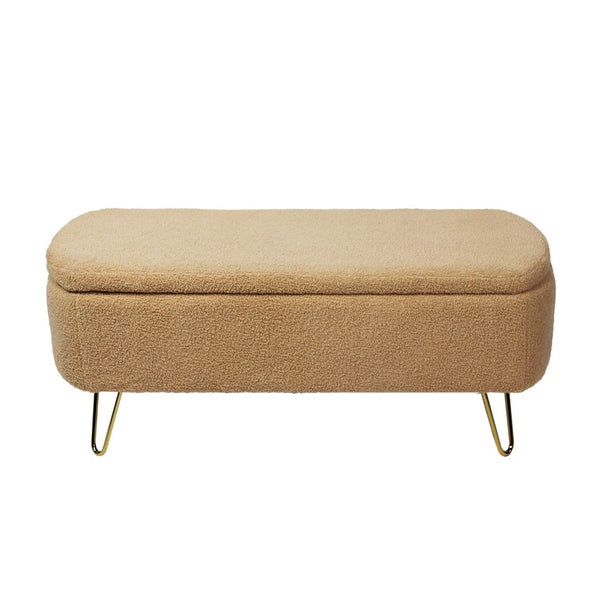 English Elm Grey Faux Fur Storage Bench with Gold Legs Plush Upholstered Seat for Bedroom Camel W117082031