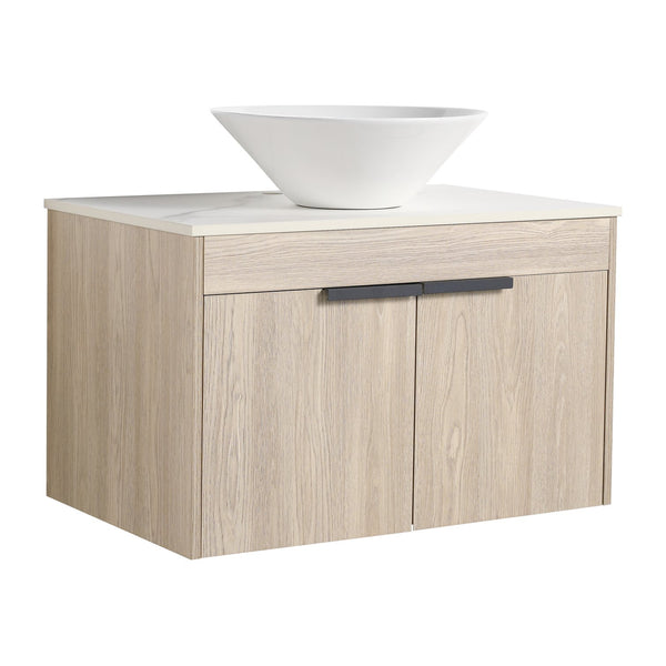 English Elm 30''Modern Floating Bathroom Vanity Wall Mounted White Oak with Ceramic Vessel Sink & Soft-Close Doors W999S00024
