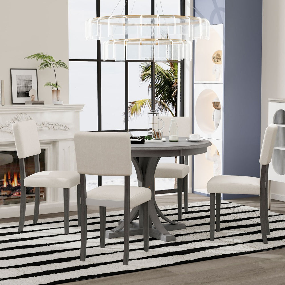 English Elm Trexm Retro Round Birch Veneer Dining Set Seats Four with Cushioned Upholstered Chairs ST000079AAE