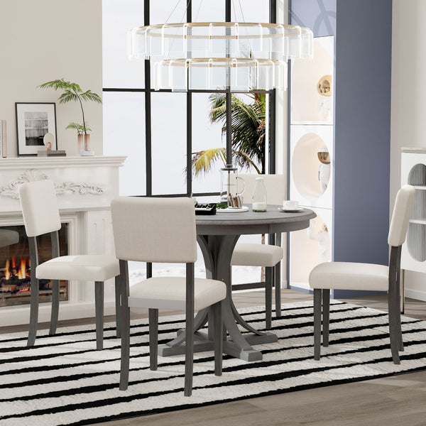 English Elm Trexm Retro Round Birch Veneer Dining Set Seats Four with Cushioned Upholstered Chairs ST000079AAE