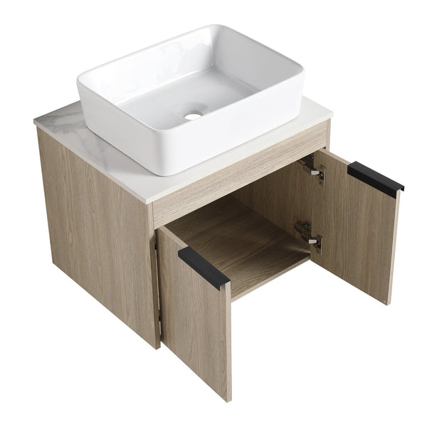 English Elm 36" Modern Floating Bathroom Vanity With Ceramic Sink, Storage Shelves, Soft-Close Doors & Style W999S00286
