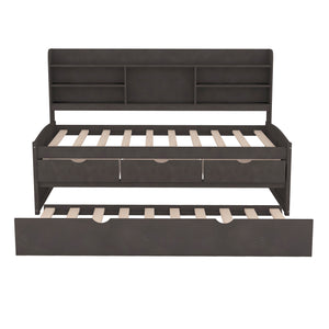 English Elm Twin Wooden Captain Bed with Bookcase Headboard, Three Drawers and Trundle for Space-Saving Rooms Antique brown GX001015AAA