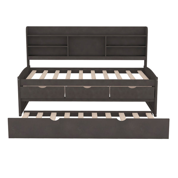 English Elm Twin Wooden Captain Bed with Bookcase Headboard, Three Drawers and Trundle for Space-Saving Rooms Antique brown GX001015AAA