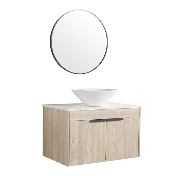 English Elm 30''Modern Floating Bathroom Vanity Wall Mounted White Oak with Ceramic Vessel Sink & Soft-Close Doors W999S00024