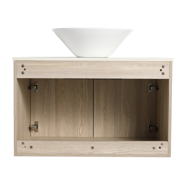 English Elm 30''Modern Floating Bathroom Vanity Wall Mounted White Oak with Ceramic Vessel Sink & Soft-Close Doors W999S00024