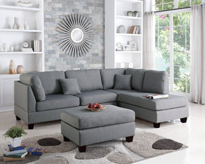 English Elm Grey 3-Piece Reversible Chaise Sectional Sofa with Ottoman - Linen-Like Polyfiber, Pillow Back Comfort B011S00309
