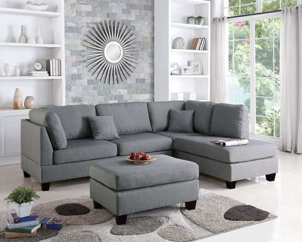 English Elm Grey 3-Piece Reversible Chaise Sectional Sofa with Ottoman - Linen-Like Polyfiber, Pillow Back Comfort B011S00309