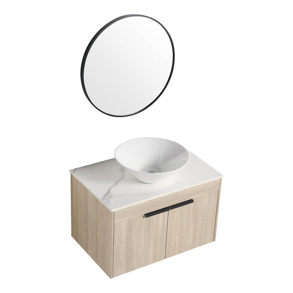 English Elm 30''Modern Floating Bathroom Vanity Wall Mounted White Oak with Ceramic Vessel Sink & Soft-Close Doors W999S00024