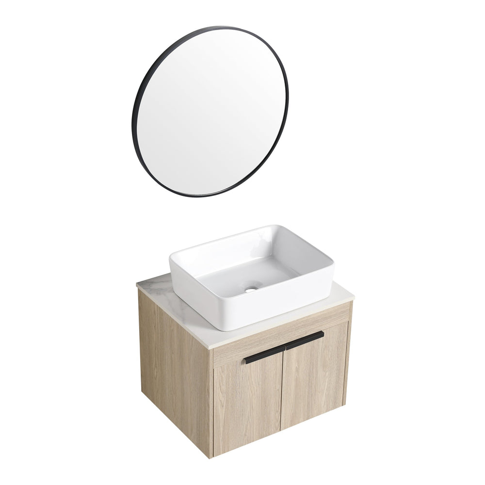 English Elm 24" Modern Floating Bathroom Vanity With Ceramic Basin Set, White Oak, Soft-Close Doors & Storage W999S00018