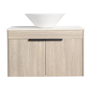 English Elm 30''Modern Floating Bathroom Vanity Wall Mounted White Oak with Ceramic Vessel Sink & Soft-Close Doors W999S00024