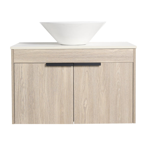 English Elm 30''Modern Floating Bathroom Vanity Wall Mounted White Oak with Ceramic Vessel Sink & Soft-Close Doors W999S00024