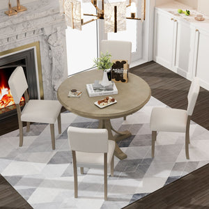 English Elm Trexm Retro Round Bistro Dining Set Acacia Wood Trestle Base Upholstered Seats 5 Piece ST000079AAD