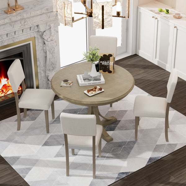 English Elm Trexm Retro Round Bistro Dining Set Acacia Wood Trestle Base Upholstered Seats 5 Piece ST000079AAD