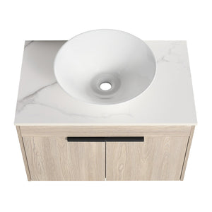 English Elm 30''Modern Floating Bathroom Vanity Wall Mounted White Oak with Ceramic Vessel Sink & Soft-Close Doors W999S00024