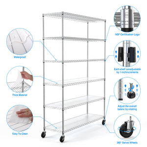 English Elm 6 Tier Heavy Duty Wire Shelving Unit 6000 lb Capacity NSF Certified Adjustable Shelves on Wheels Chrome W155079891