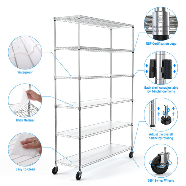 English Elm 6 Tier Heavy Duty Wire Shelving Unit 6000 lb Capacity NSF Certified Adjustable Shelves on Wheels Chrome W155079891