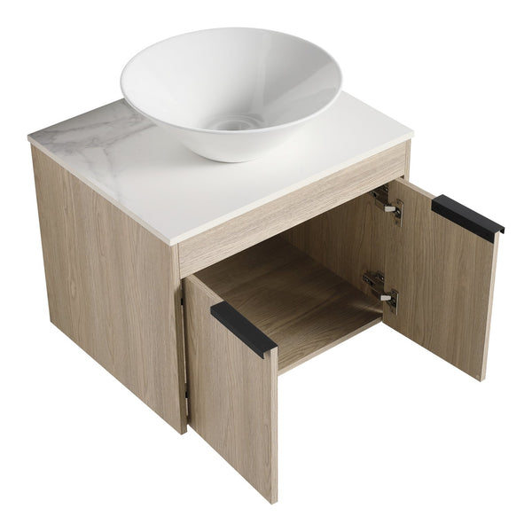 English Elm 24" Modern Floating Bathroom Vanity Set With Ceramic Sink & Soft-Close Doors - White Oak Design W999S00019