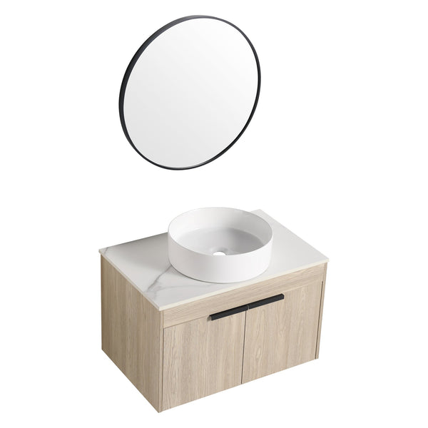 English Elm 30" Modern Floating Bathroom Vanity Set With Ceramic Sink & White Stone Top - Wall-Mounted Elegance W999S00021