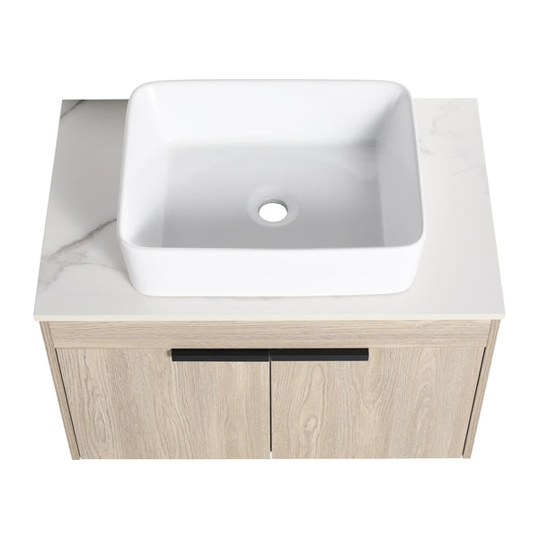 English Elm 42" Modern Wall-Mounted Bathroom Vanity With Ceramic Art Sink & Dual Storage Shelves For Style W999S00290