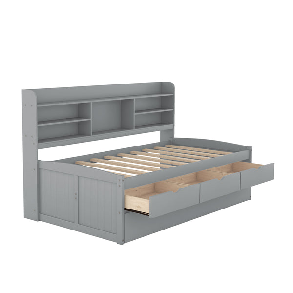 English Elm Twin Wooden Captain Bed with Bookcase Headboard, Three Drawers and Trundle for Space-Saving Rooms Grey GX001015AAE
