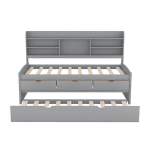 English Elm Twin Wooden Captain Bed with Bookcase Headboard, Three Drawers and Trundle for Space-Saving Rooms Grey GX001015AAE