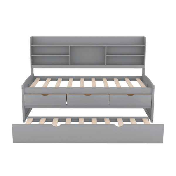 English Elm Twin Wooden Captain Bed with Bookcase Headboard, Three Drawers and Trundle for Space-Saving Rooms Grey GX001015AAE