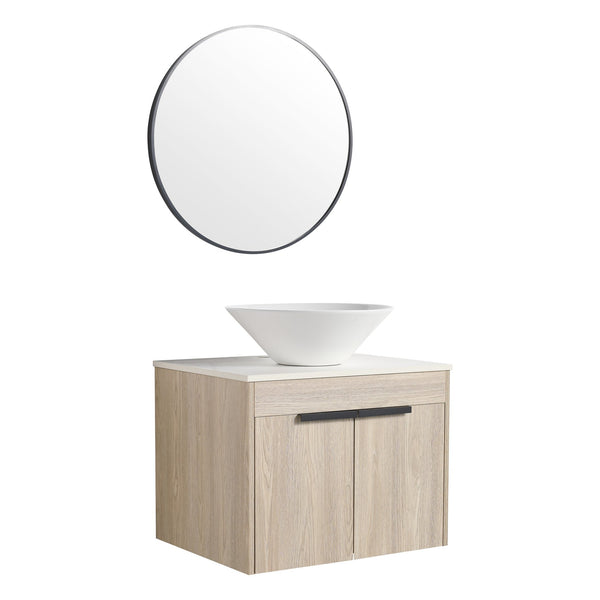 English Elm 24" Modern Floating Bathroom Vanity Set With Ceramic Sink & Soft-Close Doors - White Oak Design W999S00019