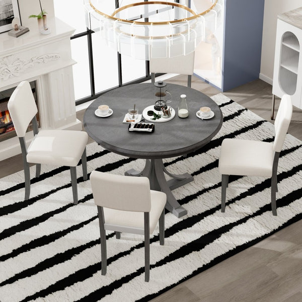 English Elm Trexm Retro Round Birch Veneer Dining Set Seats Four with Cushioned Upholstered Chairs ST000079AAE