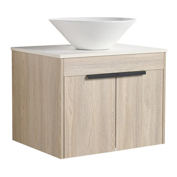 English Elm 24" Modern Floating Bathroom Vanity Set With Ceramic Sink & Soft-Close Doors - White Oak Design W999S00019