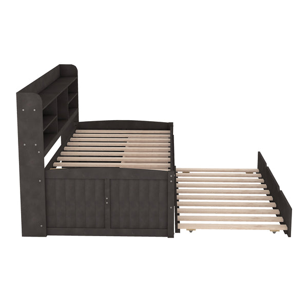 English Elm Twin Wooden Captain Bed with Bookcase Headboard, Three Drawers and Trundle for Space-Saving Rooms Antique brown GX001015AAA