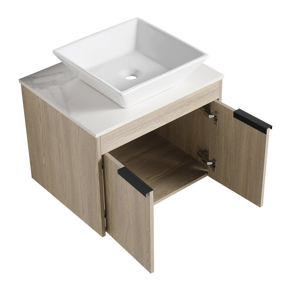 English Elm 36" Modern Floating Bathroom Vanity With Ceramic Sink, White Stone Slab, Soft-Close Doors & Storage W999S00287