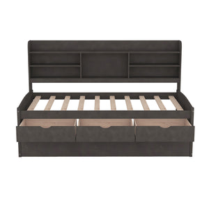 English Elm Twin Wooden Captain Bed with Bookcase Headboard, Three Drawers and Trundle for Space-Saving Rooms Antique brown GX001015AAA