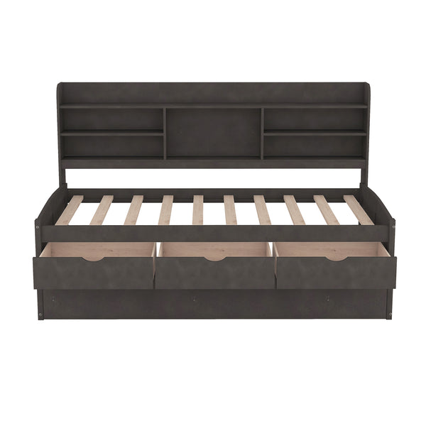 English Elm Twin Wooden Captain Bed with Bookcase Headboard, Three Drawers and Trundle for Space-Saving Rooms Antique brown GX001015AAA