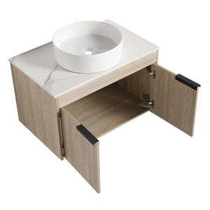 English Elm 30" Modern Floating Bathroom Vanity Set With Ceramic Sink & White Stone Top - Wall-Mounted Elegance W999S00021