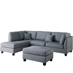 English Elm Grey 3-Piece Reversible Chaise Sectional Sofa with Ottoman - Linen-Like Polyfiber, Pillow Back Comfort B011S00309