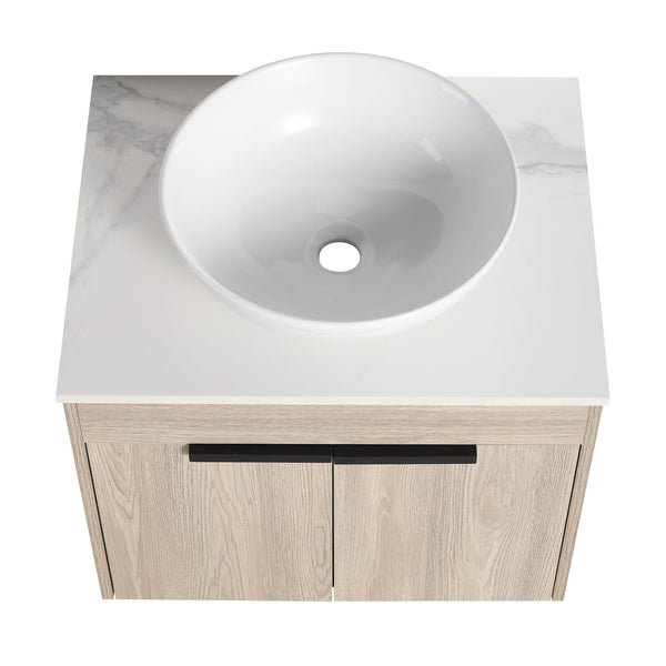 English Elm 24" Modern Wall-Mounted Bathroom Vanity Set With Ceramic Sink & Soft Close Doors For Stylish Storage W999S00015