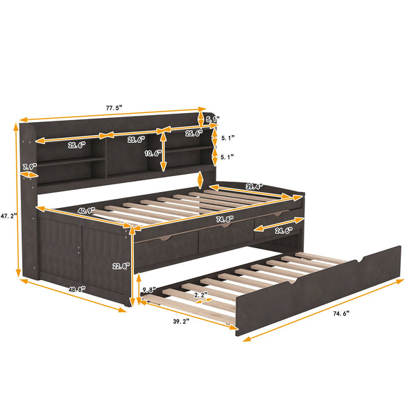English Elm Twin Wooden Captain Bed with Bookcase Headboard, Three Drawers and Trundle for Space-Saving Rooms Antique brown GX001015AAA