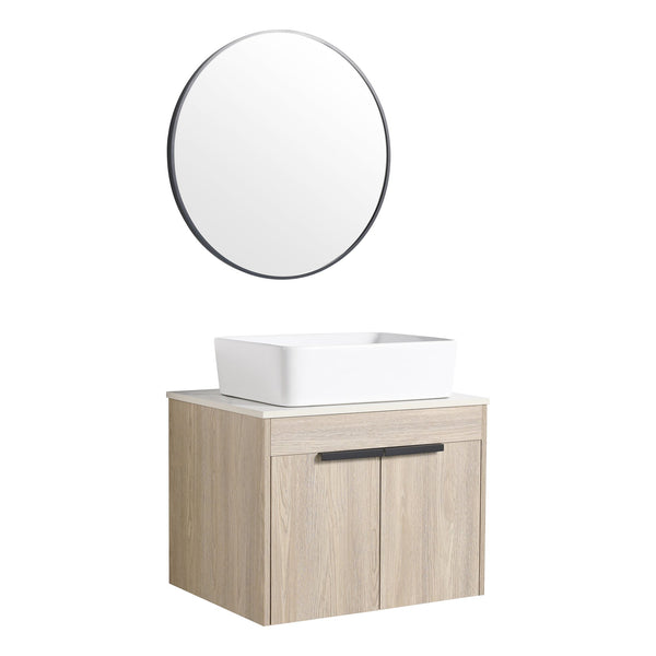 English Elm 24" Modern Floating Bathroom Vanity With Ceramic Basin Set, White Oak, Soft-Close Doors & Storage W999S00018