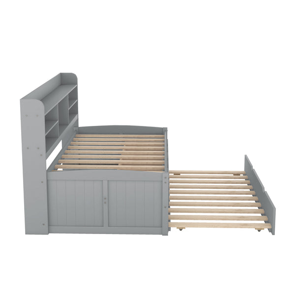 English Elm Twin Wooden Captain Bed with Bookcase Headboard, Three Drawers and Trundle for Space-Saving Rooms Grey GX001015AAE