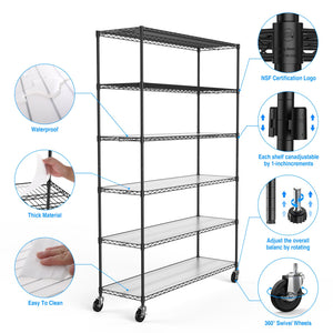 English Elm 6 Tier Heavy Duty Wire Shelving Unit 6000 lb Capacity NSF Certified Adjustable Shelves on Wheels Black W155079890