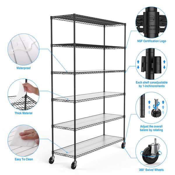 English Elm 6 Tier Heavy Duty Wire Shelving Unit 6000 lb Capacity NSF Certified Adjustable Shelves on Wheels Black W155079890