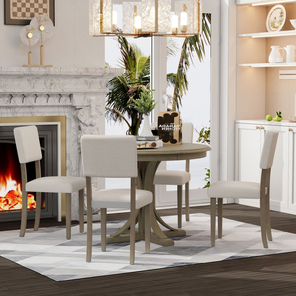 English Elm Trexm Retro Round Bistro Dining Set Acacia Wood Trestle Base Upholstered Seats 5 Piece ST000079AAD