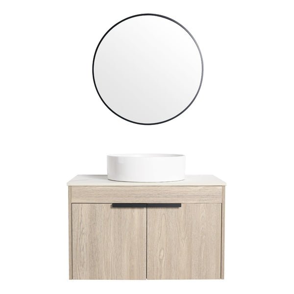 English Elm 30" Modern Floating Bathroom Vanity Set With Ceramic Sink & White Stone Top - Wall-Mounted Elegance W999S00021