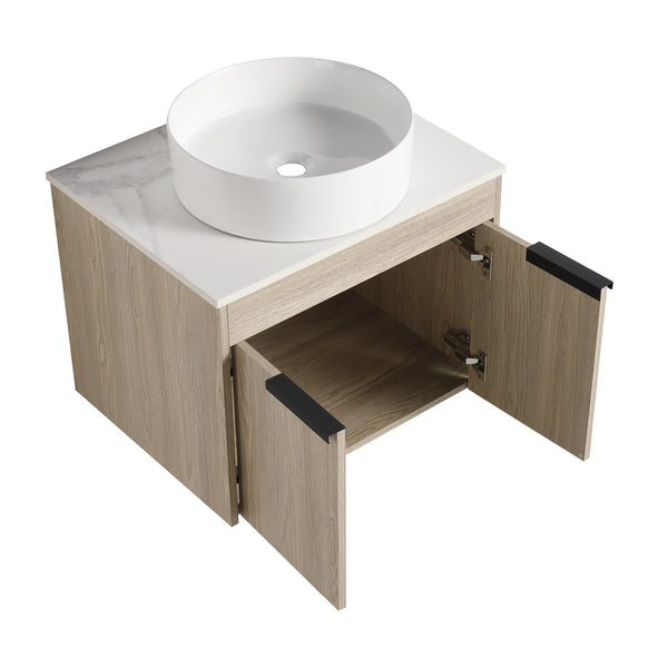 English Elm 24" Modern Wall-Mounted Bathroom Vanity Set With Ceramic Basin & Soft-Close Doors For Stylish Storage W999S00016