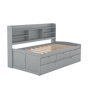 English Elm Twin Wooden Captain Bed with Bookcase Headboard, Three Drawers and Trundle for Space-Saving Rooms Grey GX001015AAE