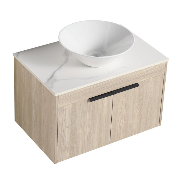 English Elm 30''Modern Floating Bathroom Vanity Wall Mounted White Oak with Ceramic Vessel Sink & Soft-Close Doors W999S00024