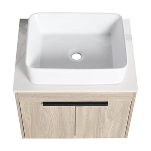 English Elm 24" Modern Floating Bathroom Vanity With Ceramic Basin Set, White Oak, Soft-Close Doors & Storage W999S00018