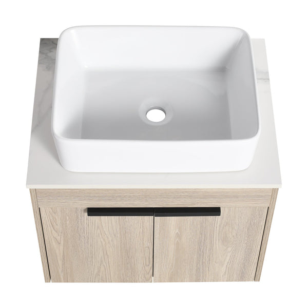 English Elm 36" Modern Floating Bathroom Vanity With Ceramic Sink, Storage Shelves, Soft-Close Doors & Style W999S00286